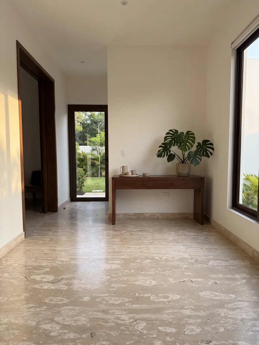 Entryway floor in large Perlato Royal beige marble slabs with natural light: beige scattered with rounded cream patches in horizontal bands