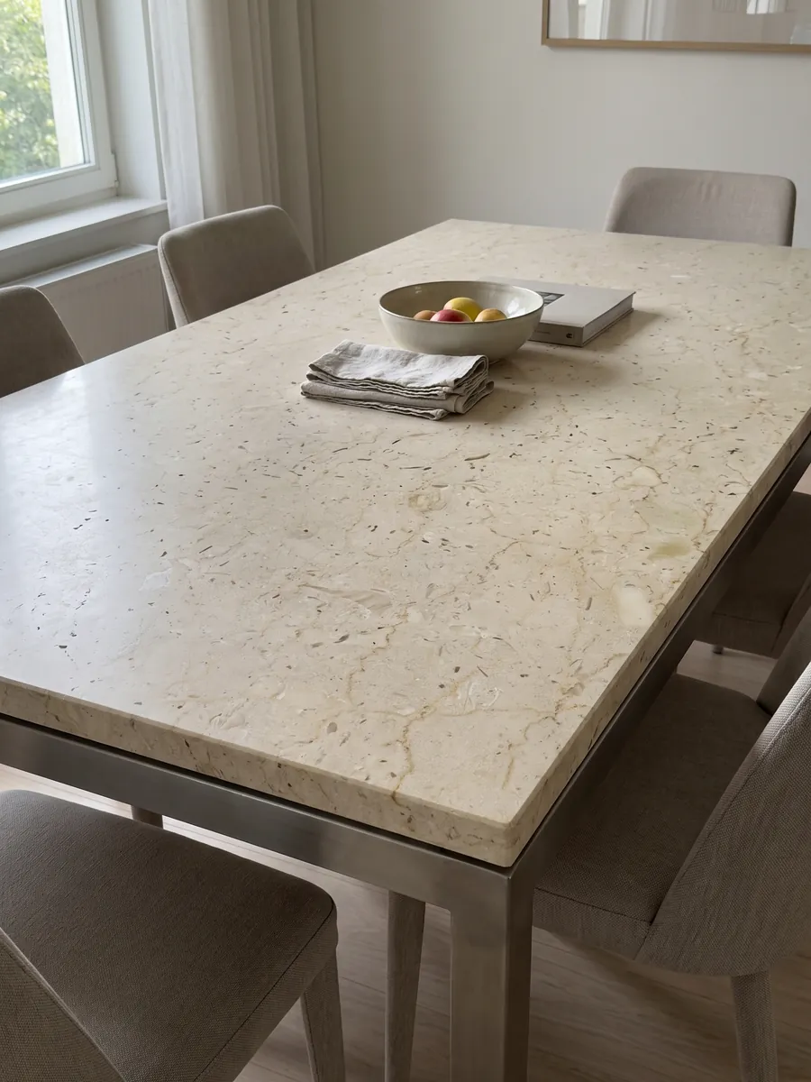 Dining table with a beige Pietra Ducale marble top on a steel base: yellowish cream with small fossil fragments and brown dots