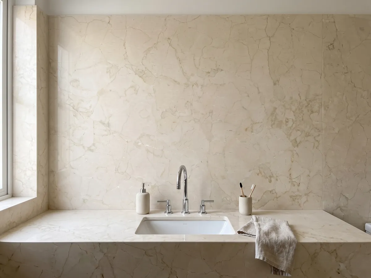 Bathroom vanity top and wall in beige Pietra Orsera marble with a white sink and chrome fixtures: light cream with a web of very faint beige veins