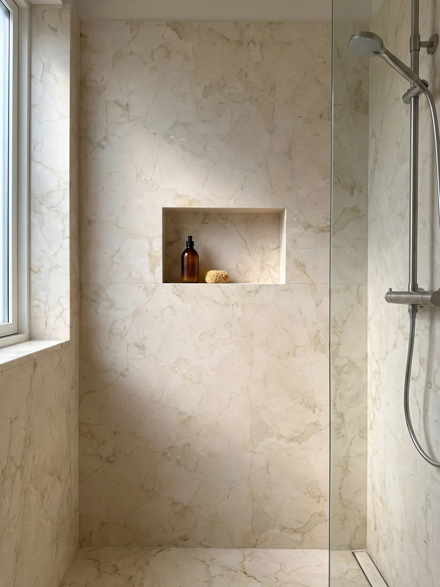 Shower clad in full beige Pietra Orsera marble slabs with a recessed niche: light cream with a web of very faint beige veins