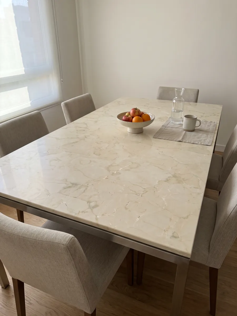 Dining table with a beige Pietra Orsera marble top on a steel base: light cream with a web of very faint beige veins