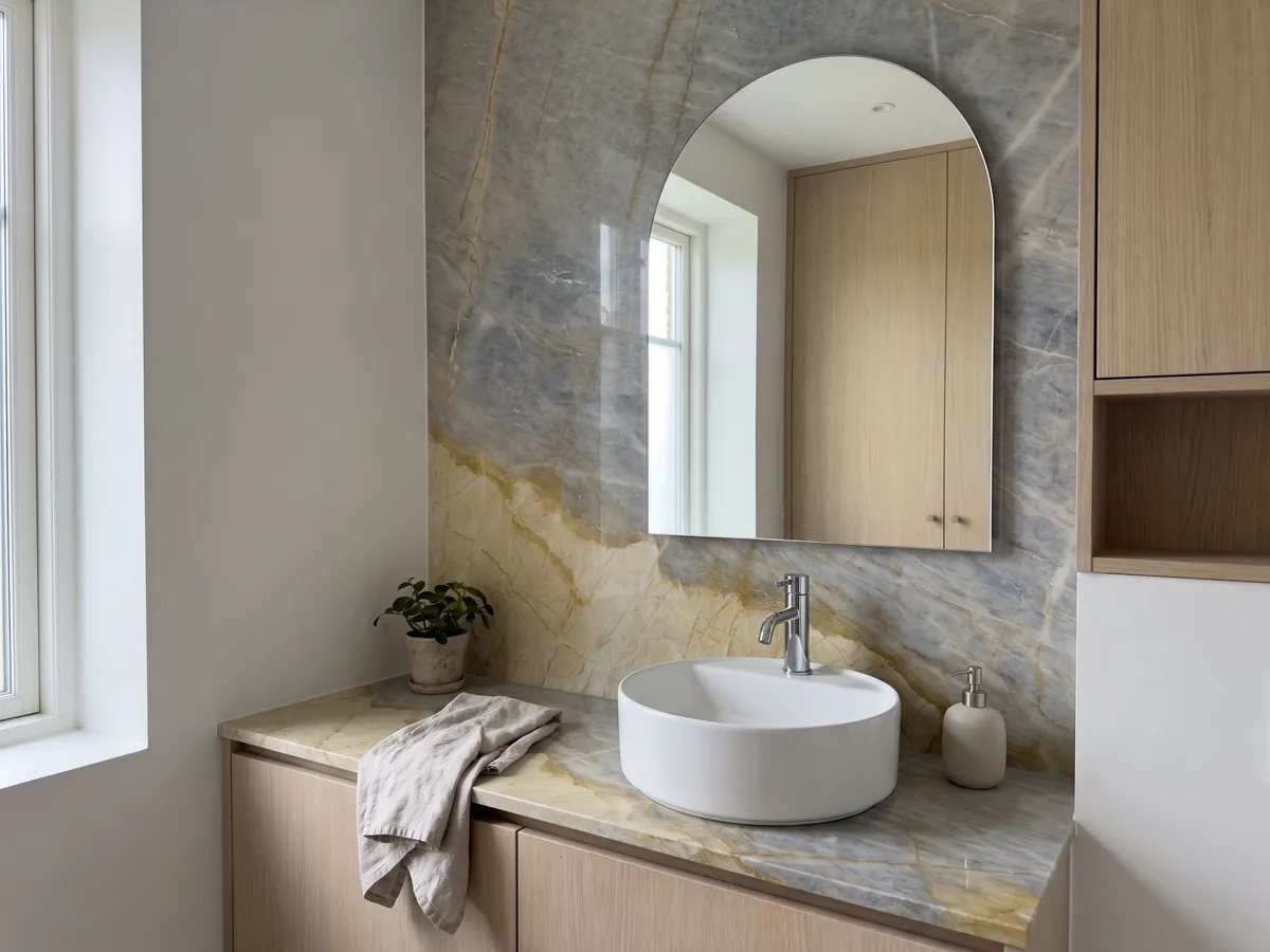 Vanity top and bathroom wall in beige Skysand marble with a white sink and chrome fixtures: a golden yellow area and a blue-gray area separated by an ochre line