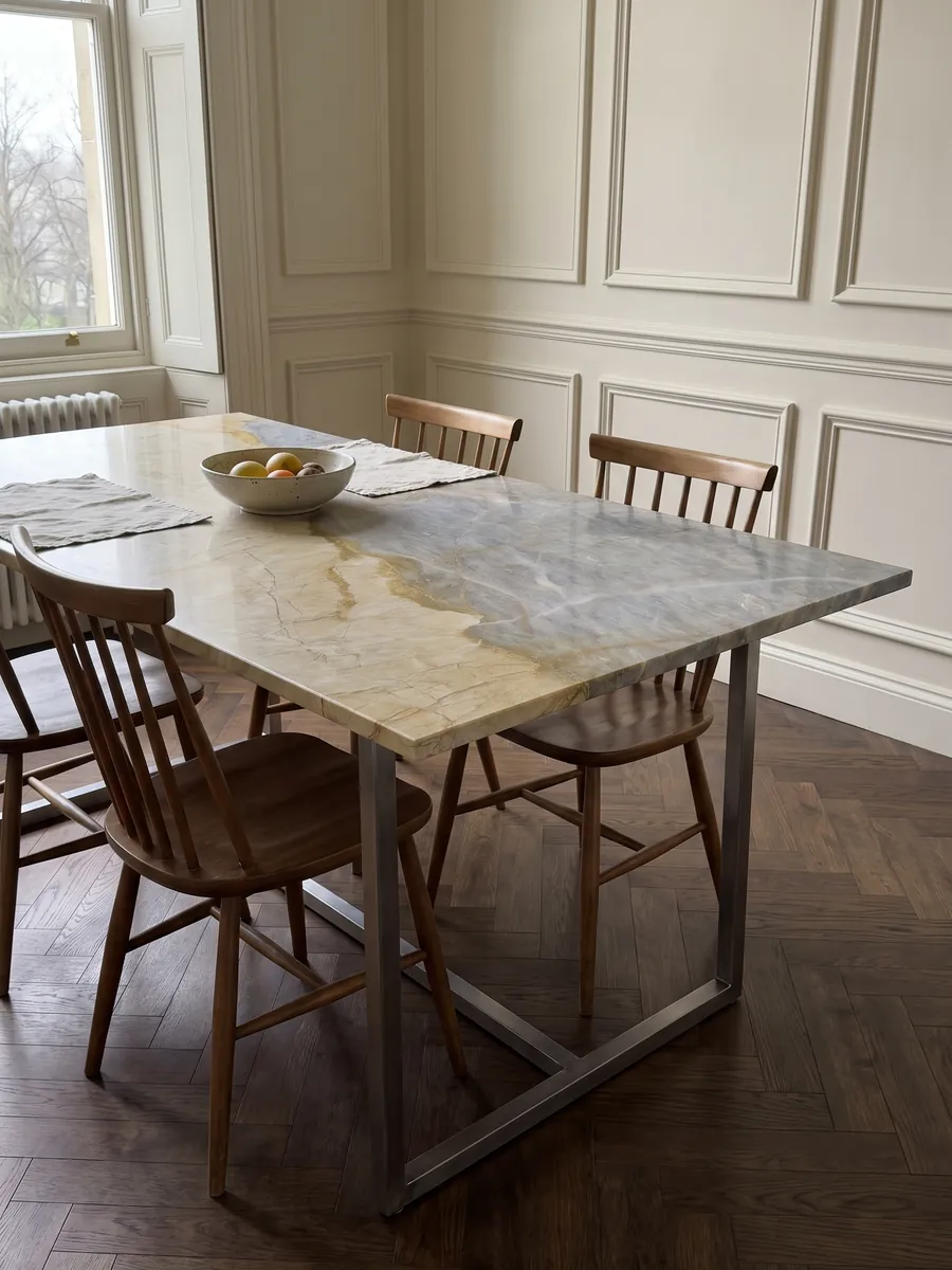 Dining table with a beige Skysand marble top on a steel base: one golden yellow zone and one bluish gray zone separated by an ochre line
