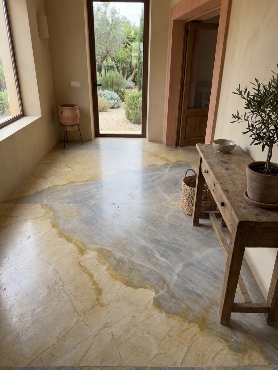 Entryway floor in large slabs of beige Skysand marble with natural light: one golden yellow zone and one bluish gray zone separated by an ochre line