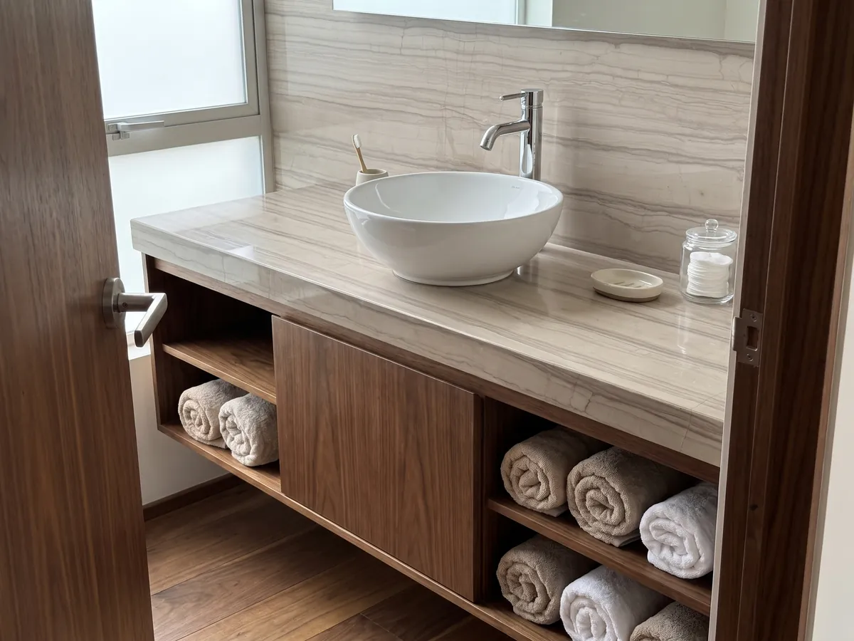Vanity top and bathroom wall in beige Striato Elegante marble with a white sink and chrome faucets: taupe beige with parallel horizontal lines that recall wood