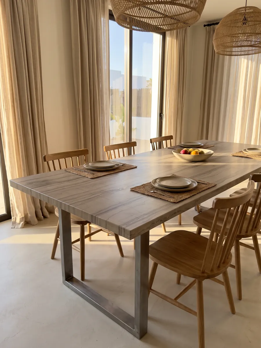 Dining table with a beige Striato Elegante marble top on a steel base: taupe beige with parallel horizontal lines that recall wood