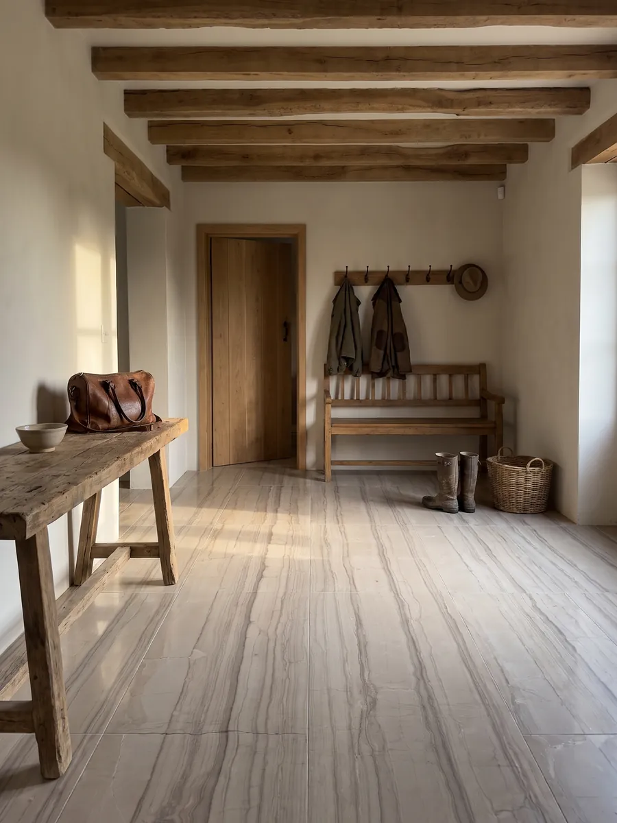 Entryway floor in large slabs of beige Striato Elegante marble with natural light: taupe beige with parallel horizontal lines that recall wood