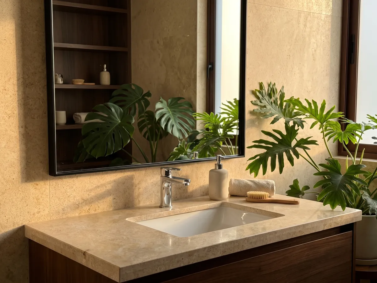 Vanity top and bathroom wall in beige Trani marble with a white sink and chrome fixtures: golden beige surface with a fine, even grain and almost no pattern