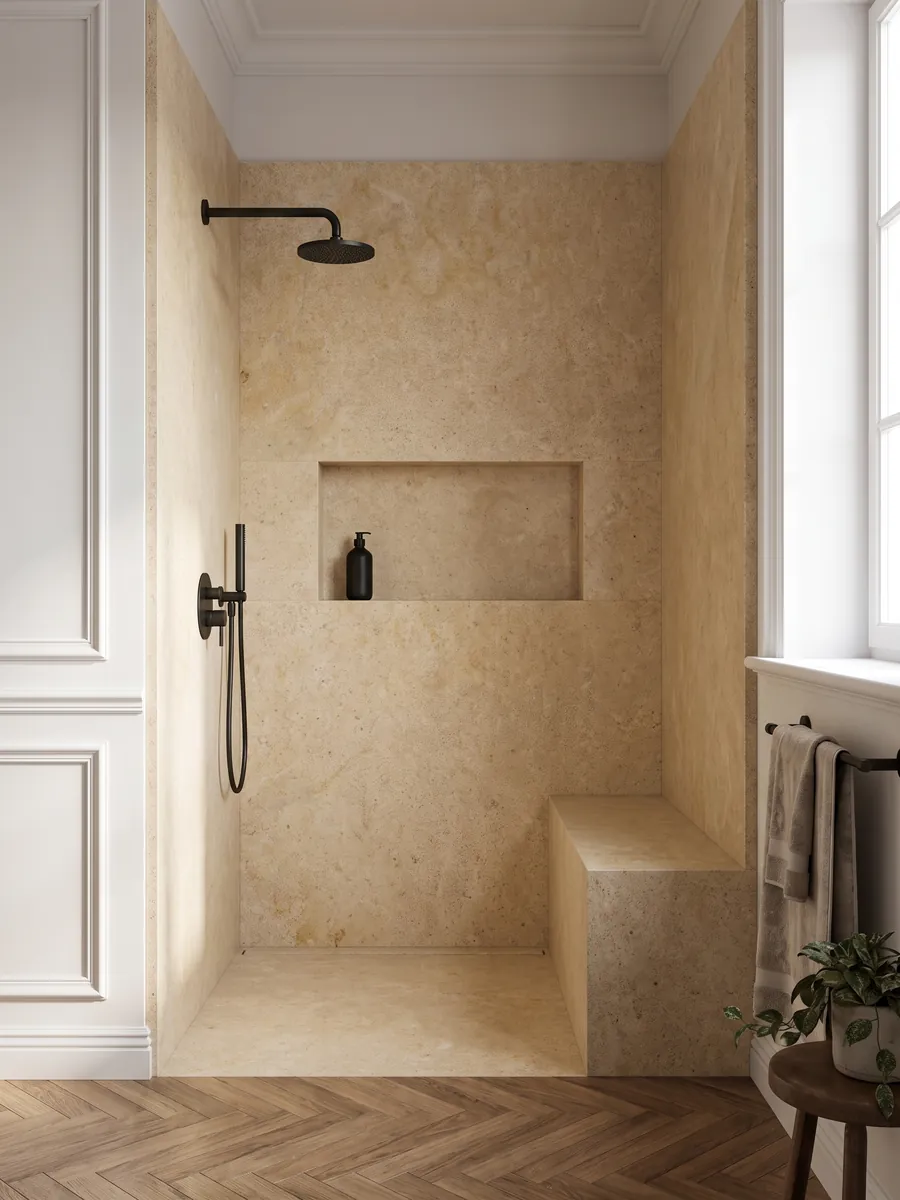 Shower clad in full slabs of beige Trani marble with a recessed niche: golden beige surface with a fine, even grain and almost no pattern