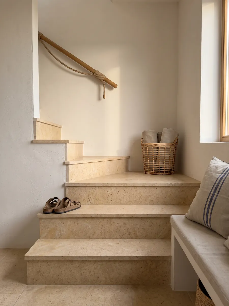 Interior staircase with beige Trani marble treads and a handrail: golden beige surface with a fine, even grain and almost no pattern