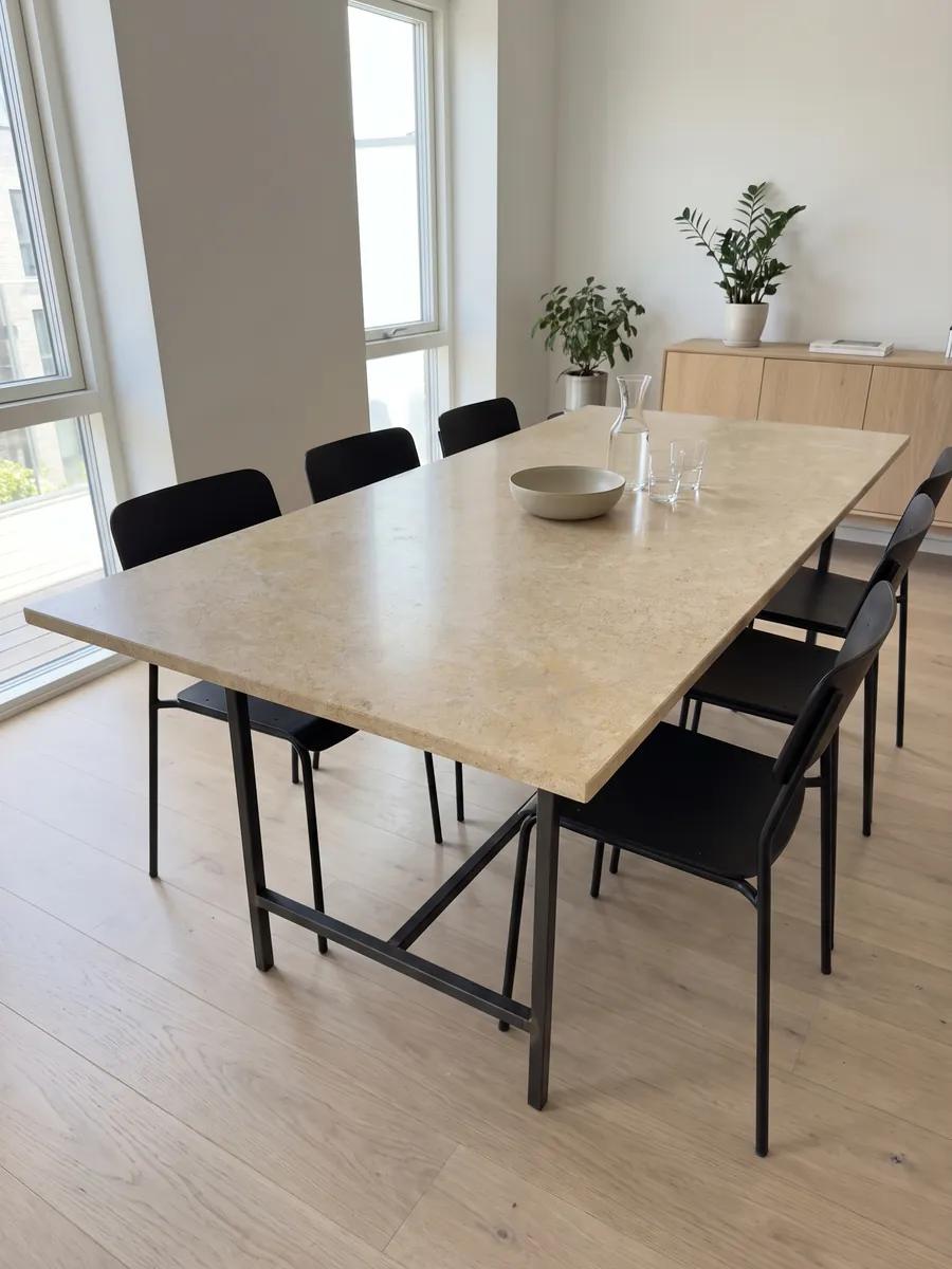 Dining table with a beige Trani marble top on a steel base: golden beige surface with a fine, even grain and almost no pattern