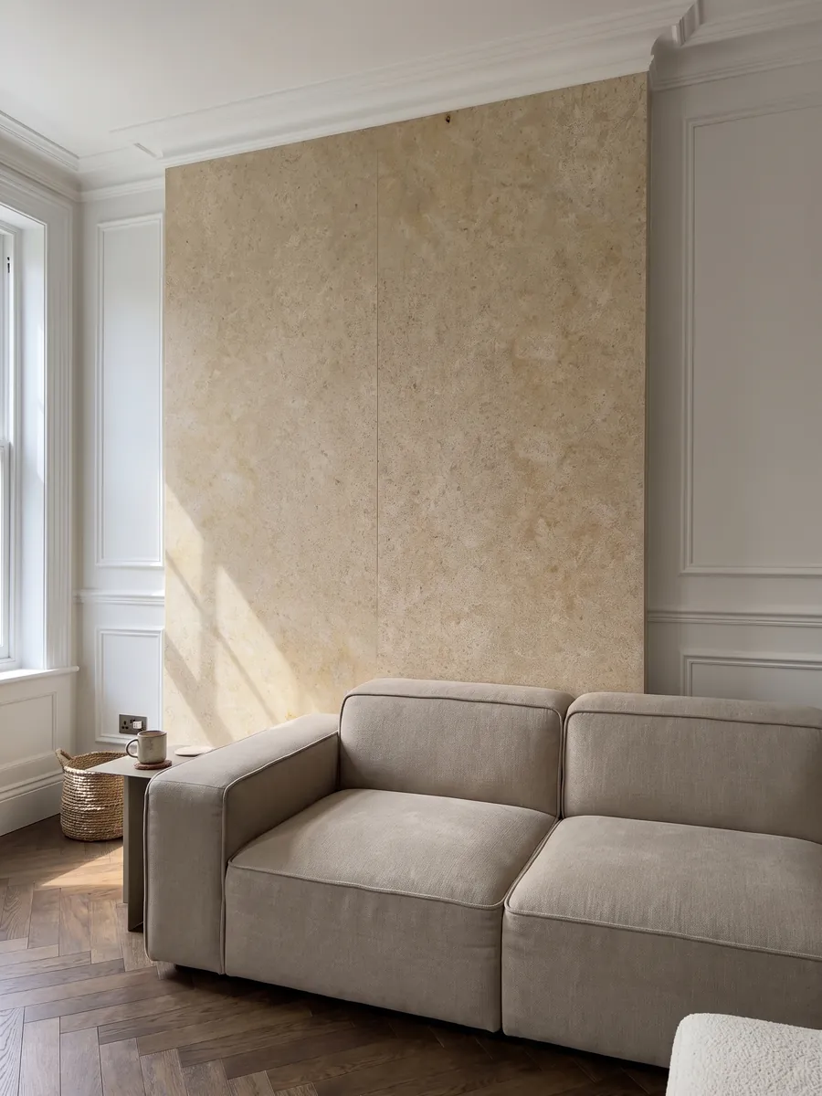 Living room wall clad in bookmatched slabs of beige Trani marble behind a sofa: golden beige surface with a fine, even grain and almost no pattern