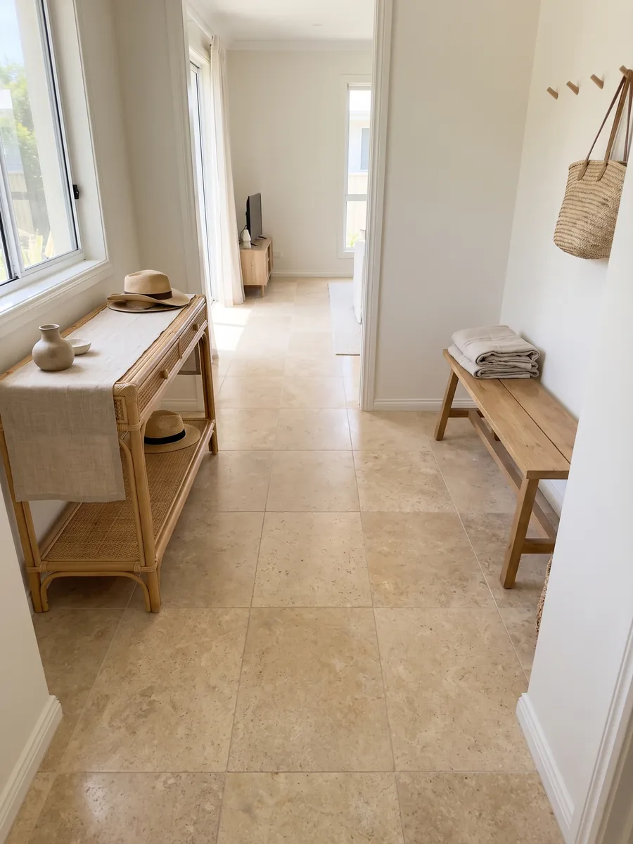 Entryway floor in large slabs of beige Trani marble with natural light: golden beige surface with a fine, even grain and almost no pattern