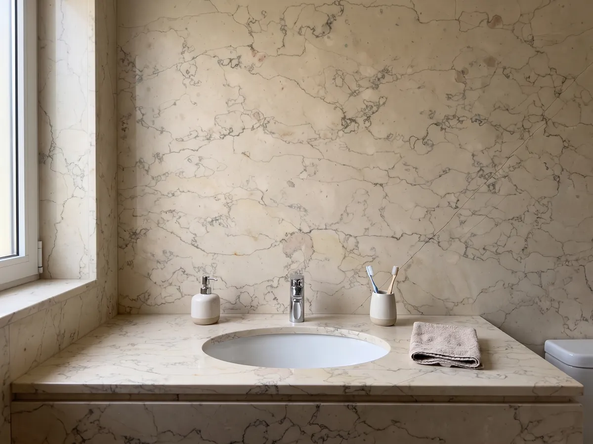 Vanity top and bathroom wall in Verdello beige marble with a white sink and chrome fixtures: beige background with a fine network of sinuous gray lines, like crackle