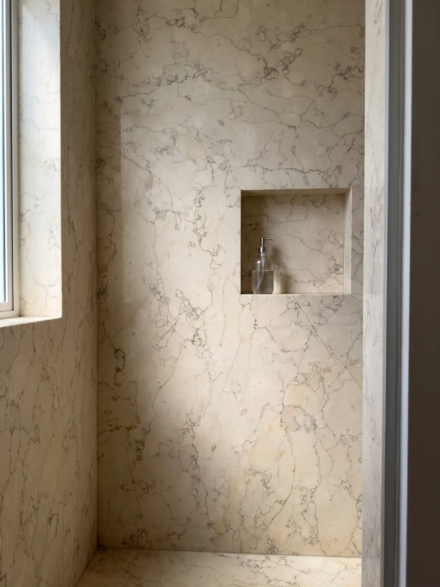 Shower clad in full Verdello beige marble slabs with a recessed niche: beige background with a fine network of sinuous gray lines, like crackle