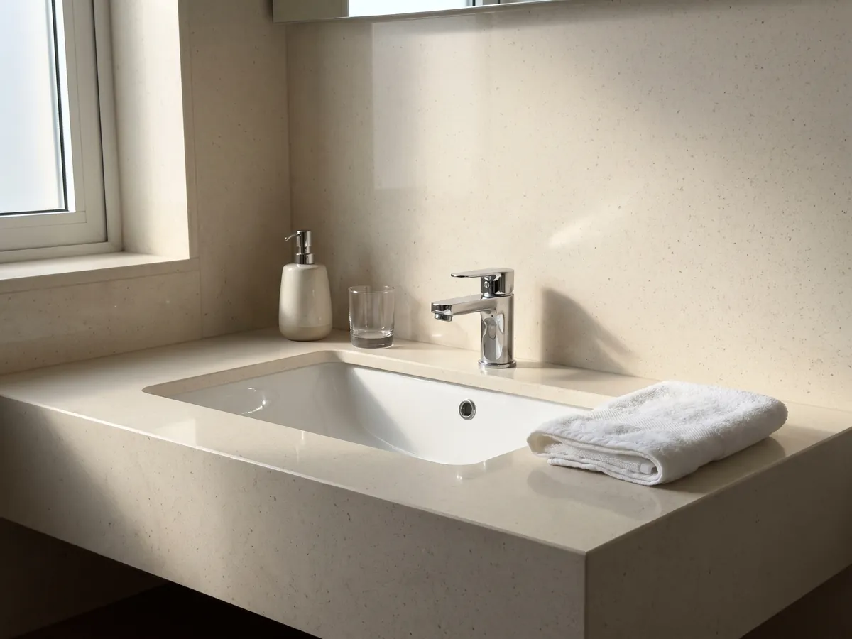 Bathroom vanity top and wall in beige Veselje marble with a white sink and chrome faucets: smooth, even cream with barely visible dark specks