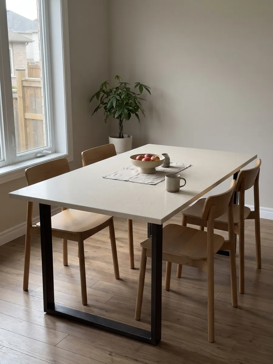 Dining table with a beige Veselje marble top on a steel base: smooth, even cream with barely visible dark specks