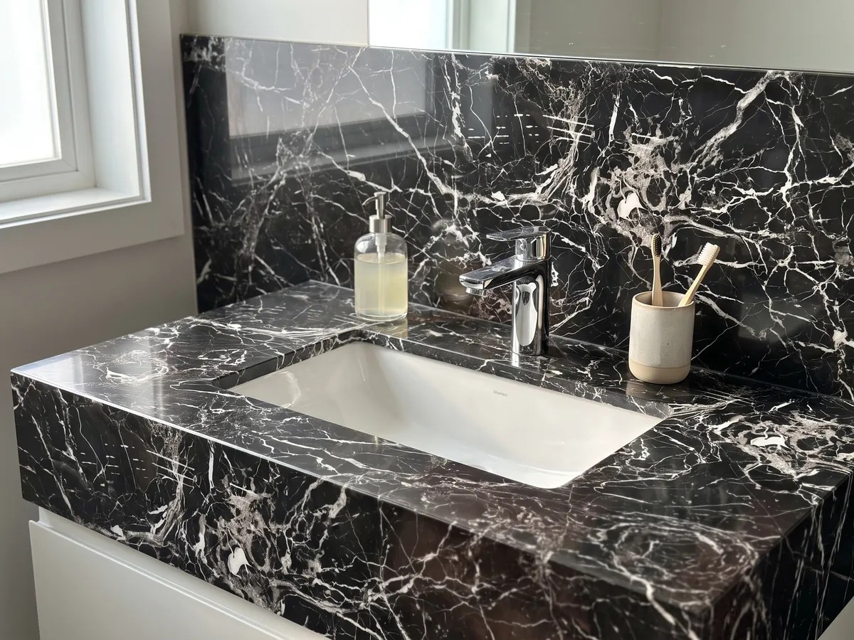 Vanity top and bathroom wall in Black Rose marble with a white sink and chrome fixtures: black with a dense web of white veins and a lower area with a brown tint