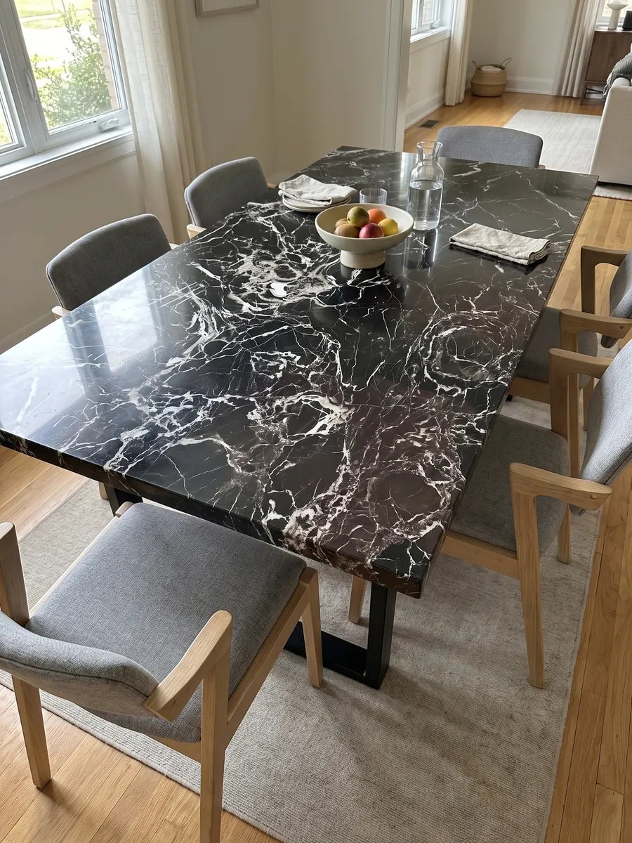 Dining table with a Black Rose marble top on a steel base: black with a dense web of white veins and a lower area with a brown tint