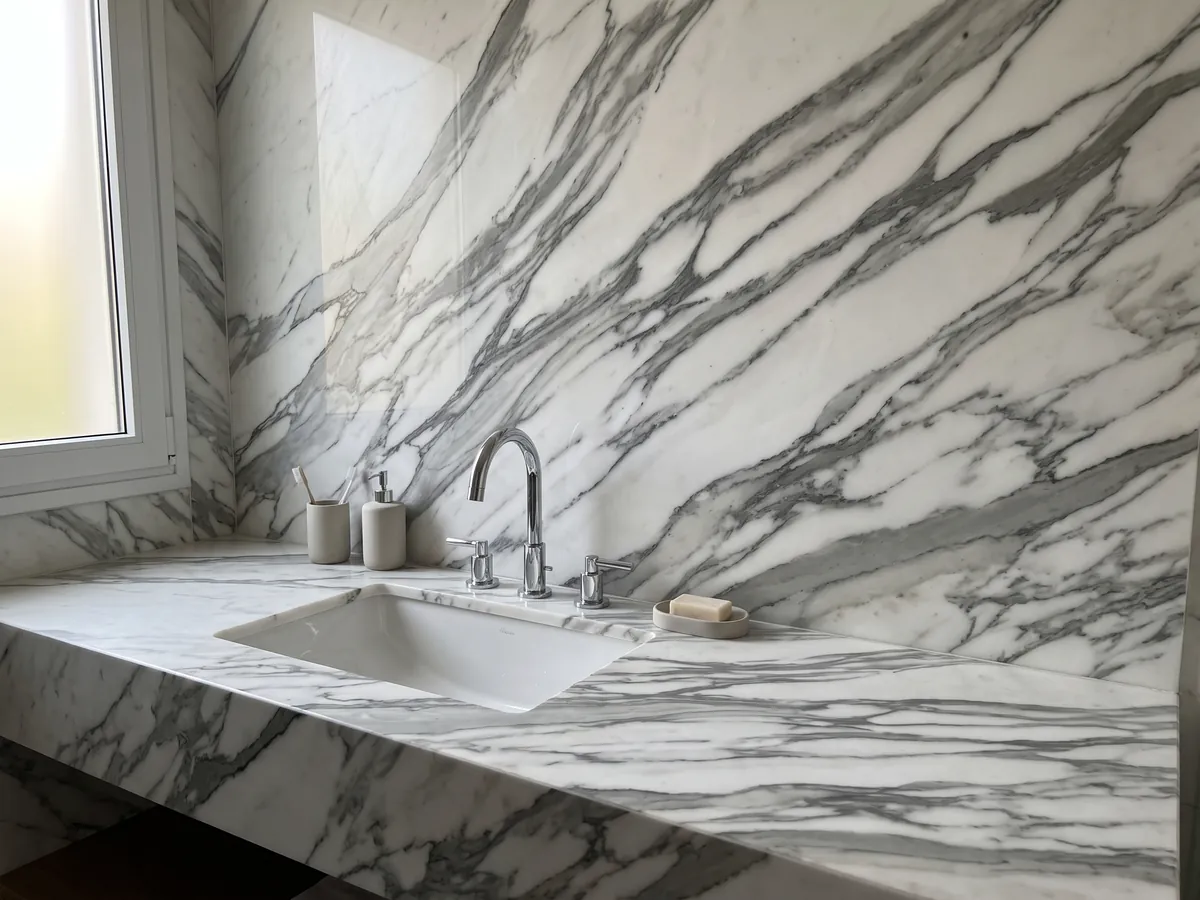 Vanity top and bathroom wall in white Arabescato Apuano marble with a white sink and chrome faucets: thick, branching dark gray veins crossing the white diagonally