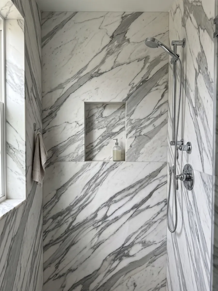 Shower clad in full slabs of white Arabescato Apuano marble with a recessed niche: thick, branching dark gray veins crossing the white diagonally