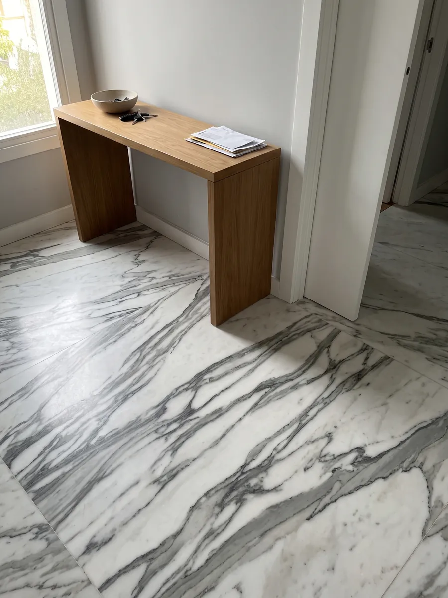 Entryway floor in large slabs of white Arabescato Apuano marble with natural light: thick, branching dark gray veins crossing the white diagonally
