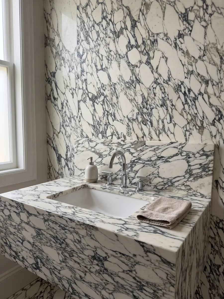 Vanity top and bathroom wall in white Arabescato Corchia marble with a white sink and chrome faucets: a very dense web of fine dark veins enclosing many small white fragments