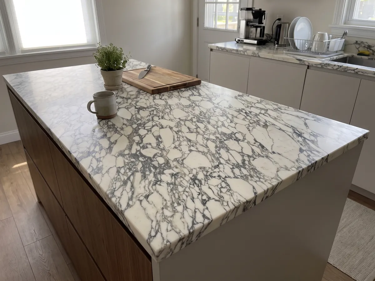 Kitchen island with a white Arabescato Corchia marble countertop and a straight edge in a kitchen with natural light: a very dense web of fine dark veins enclosing many small white fragments