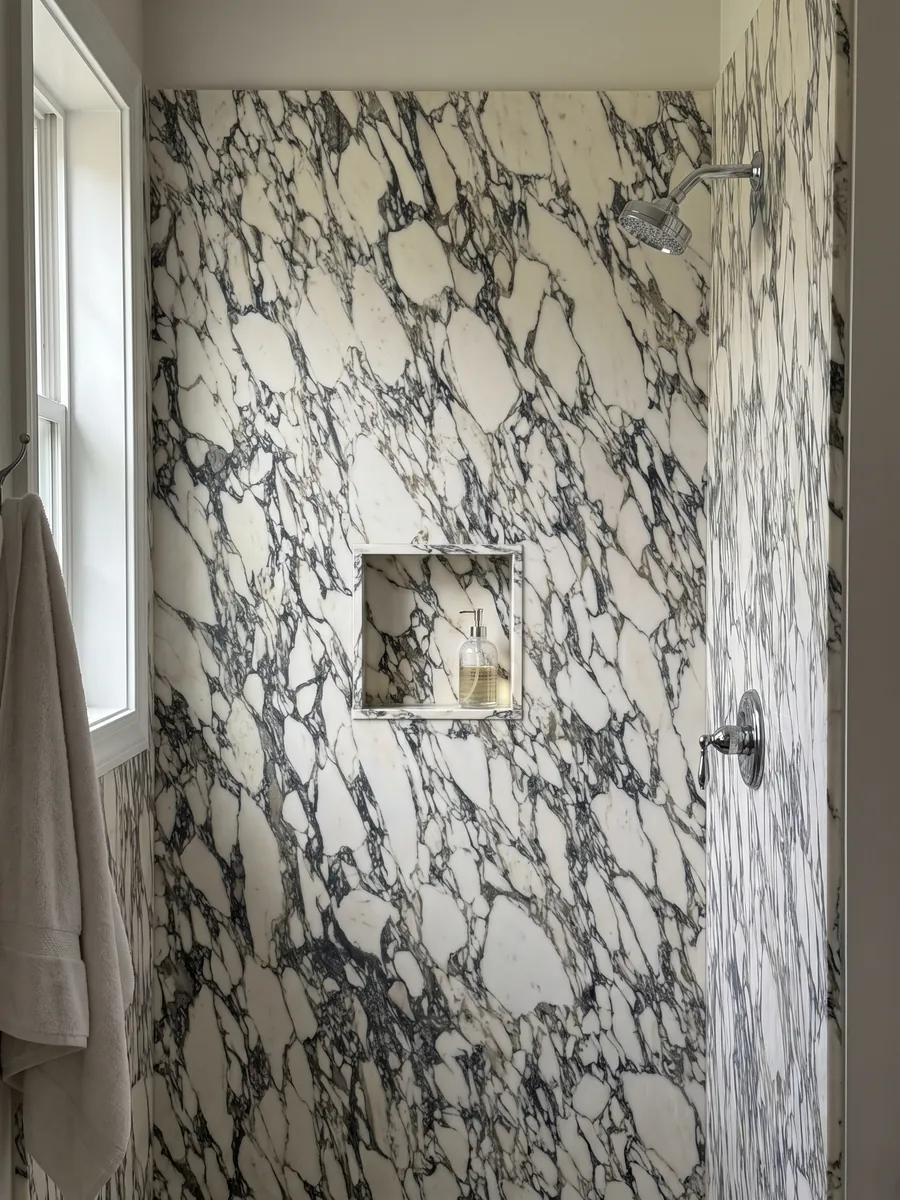Shower clad in full slabs of white Arabescato Corchia marble with a recessed niche: a very dense web of fine dark veins enclosing many small white fragments