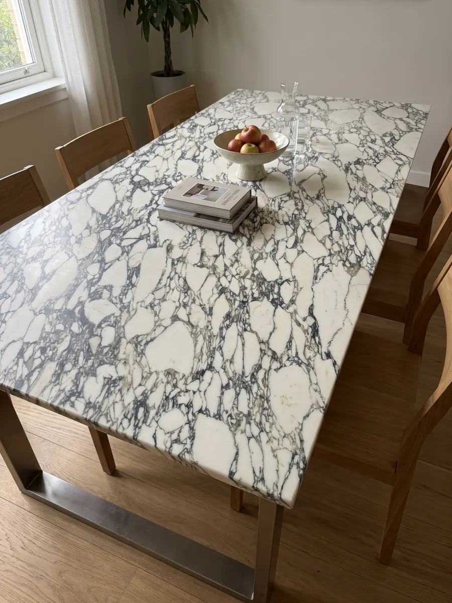 Dining table with a white Arabescato Corchia marble top on a steel base: a very dense web of fine dark veins enclosing many small white fragments