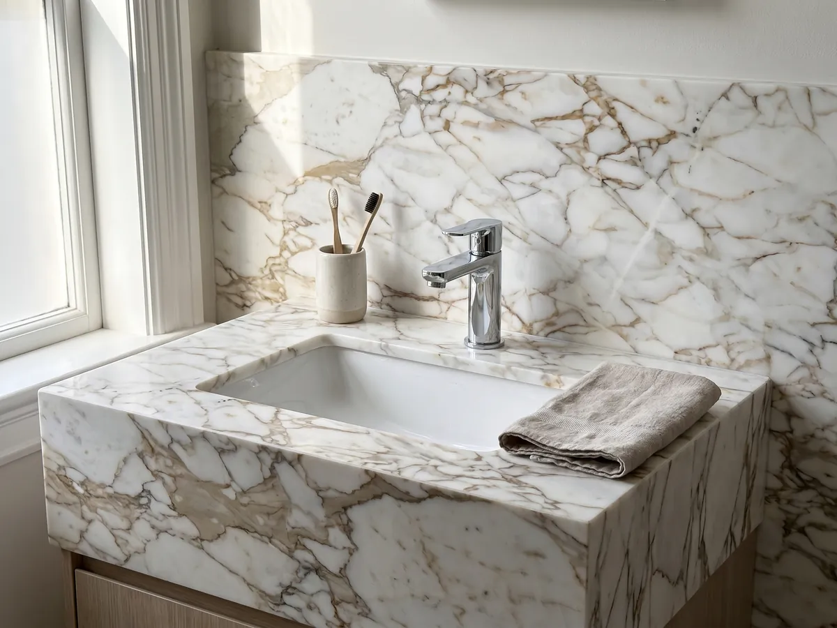 Vanity top and bathroom wall in white Arabescato Oro marble with a white sink and chrome fixtures: white with a web of fine golden brown veins in a pattern of large fragments
