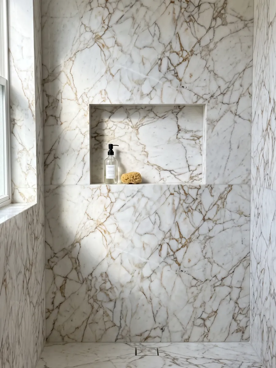 Shower clad in full white Arabescato Oro marble slabs with a recessed niche: white with a web of fine golden brown veins in a pattern of large fragments