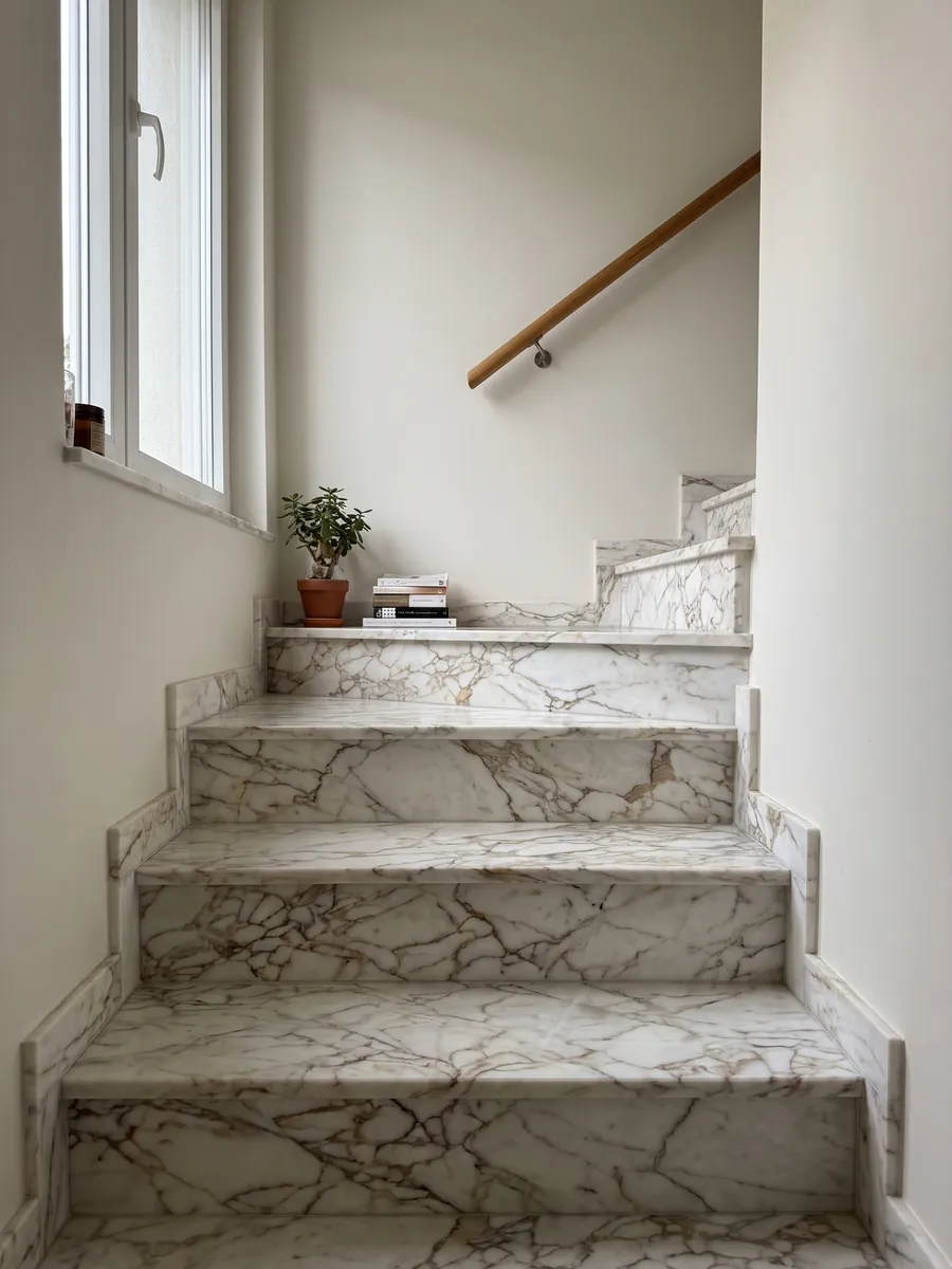 Interior staircase with white Arabescato Oro marble treads and a handrail: white with a web of fine golden brown veins in a pattern of large fragments