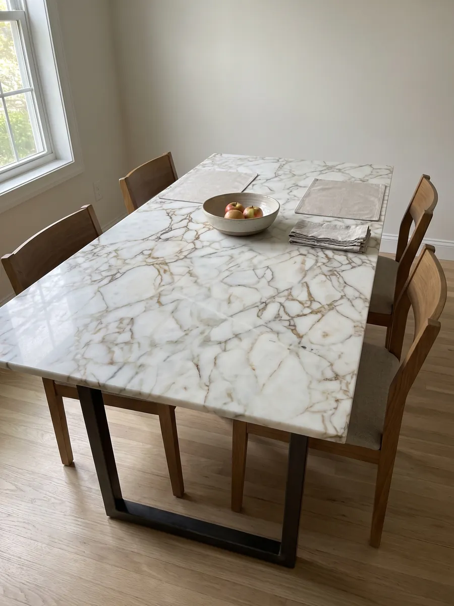Dining table with a white Arabescato Oro marble top on a steel base: white with a web of fine golden brown veins in a pattern of large fragments