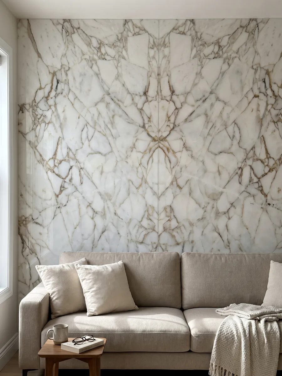 Living room wall clad in bookmatched white Arabescato Oro marble slabs behind a sofa: white with a web of fine golden brown veins in a pattern of large fragments