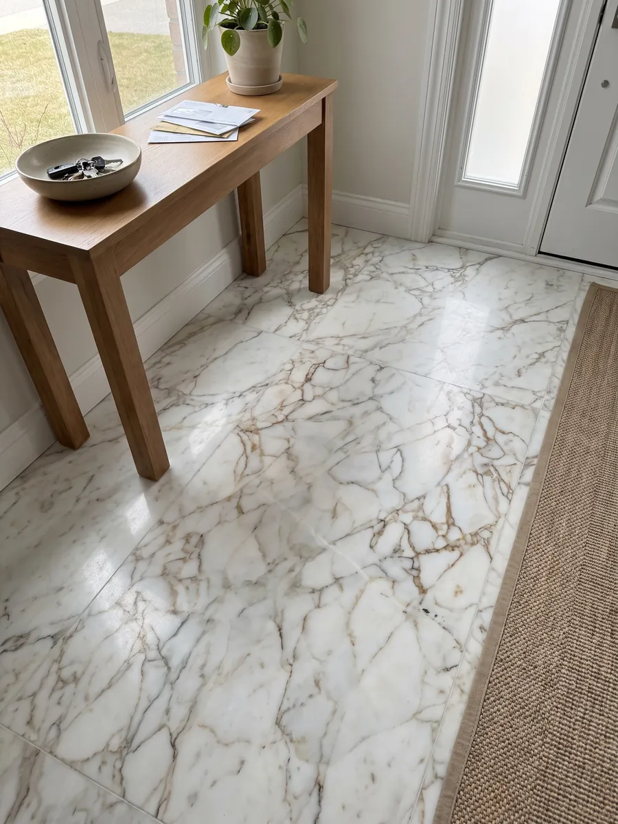 Entryway floor in large white Arabescato Oro marble slabs with natural light: white with a web of fine golden brown veins in a pattern of large fragments