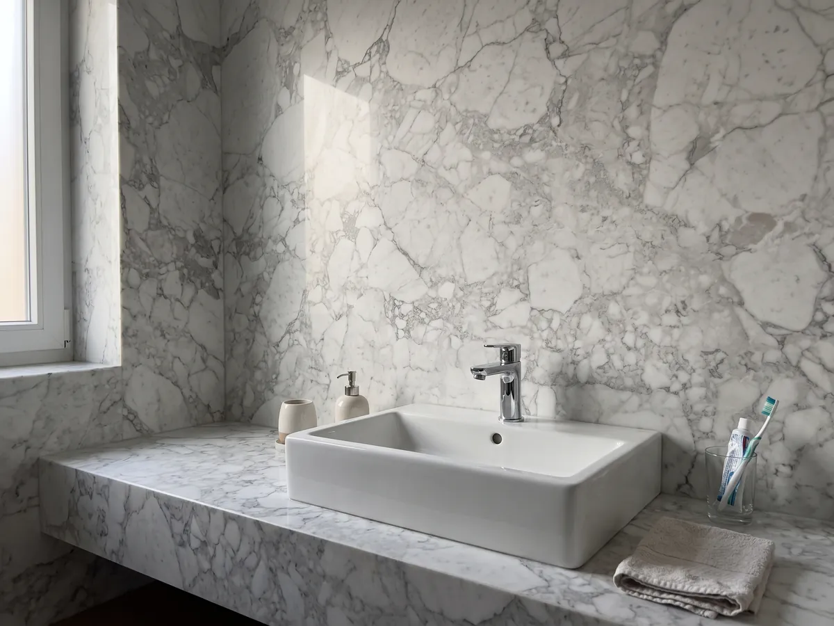 Vanity top and bathroom wall in white Arabescato Vagli marble with a white sink and chrome faucets: white fragments surrounded by soft gray veins, with a grayer central zone