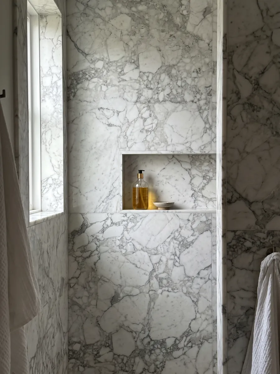 Shower clad in full slabs of white Arabescato Vagli marble with a recessed niche: white fragments surrounded by soft gray veins, with a grayer central zone
