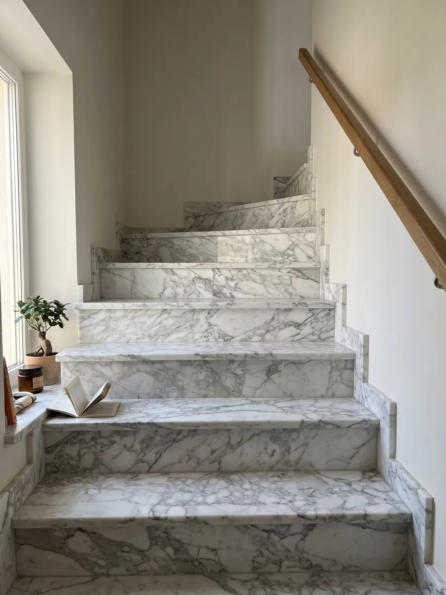 Interior staircase with white Arabescato Vagli marble steps and a handrail: white fragments surrounded by soft gray veins, with a grayer central zone