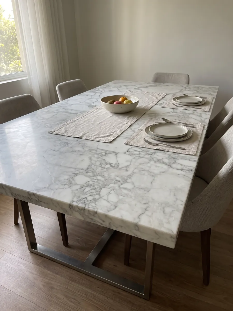 Dining table with a white Arabescato Vagli marble top on a steel base: white fragments surrounded by soft gray veins, with a grayer central zone