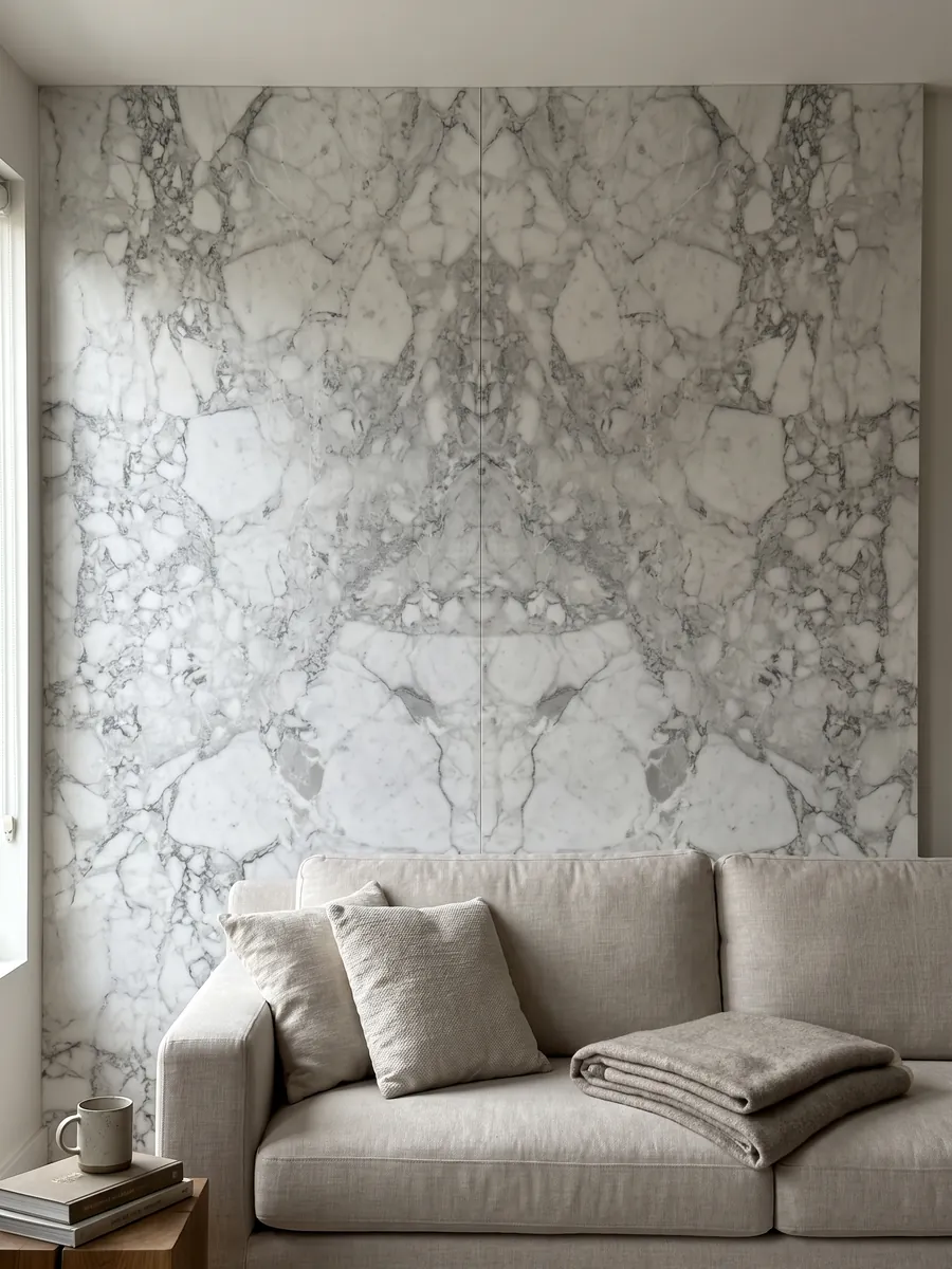 Living room wall clad in bookmatched slabs of white Arabescato Vagli marble behind a sofa: white fragments surrounded by soft gray veins, with a grayer central zone