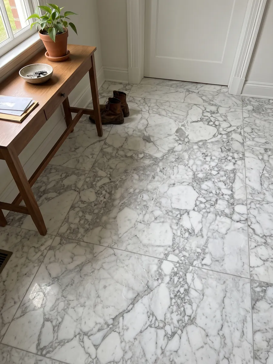 Entryway floor in large slabs of white Arabescato Vagli marble with natural light: white fragments surrounded by soft gray veins, with a grayer central zone
