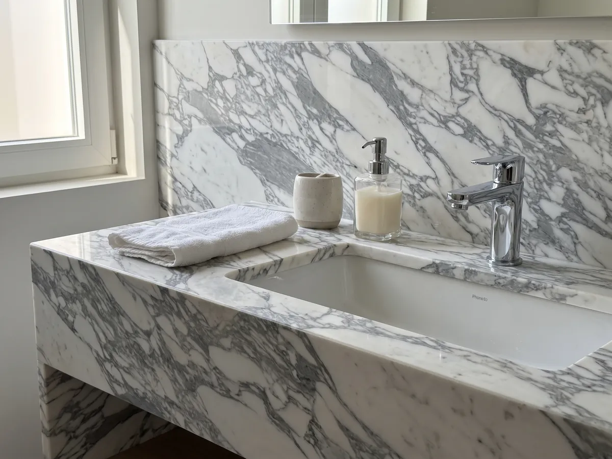 Vanity top and bathroom wall in white Arabesque marble with a white sink and chrome fixtures: elongated white fragments wrapped in thick gray veins running diagonally