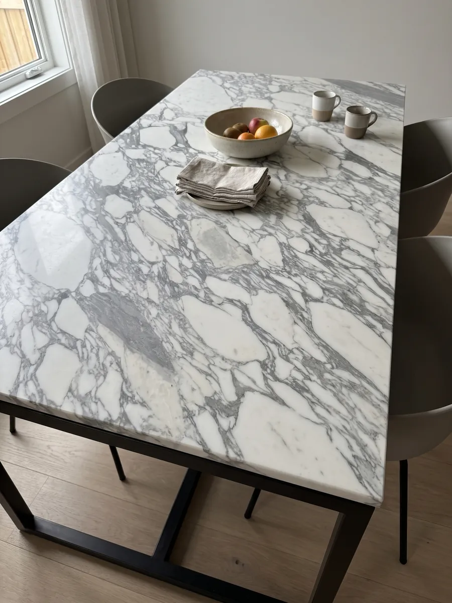 Dining table with a white Arabesque marble top on a steel base: elongated white fragments wrapped in thick gray veins running diagonally