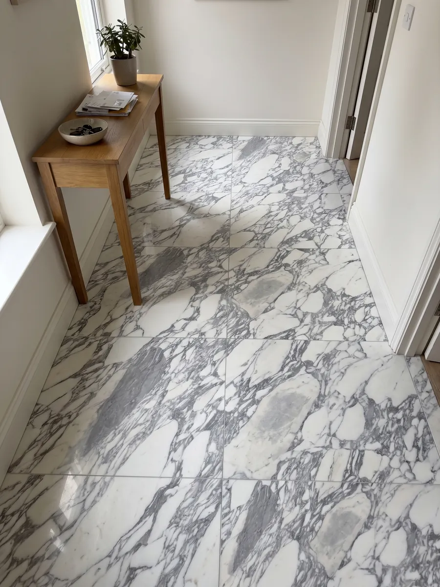 Entryway floor in large slabs of white Arabesque marble with natural light: elongated white fragments wrapped in thick gray veins running diagonally