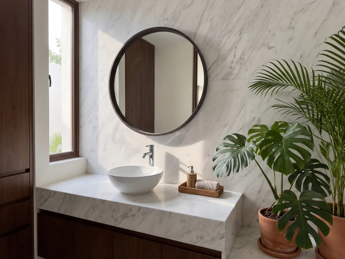 Vanity top and bathroom wall in Blanco Bego marble with a white sink and chrome faucets: white with soft light gray veining