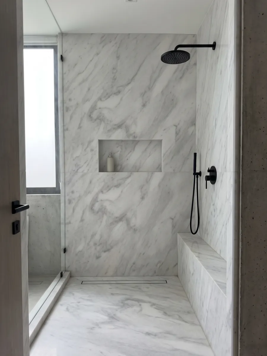Shower clad in full Blanco Bego marble slabs with a recessed niche: white with soft light gray veining