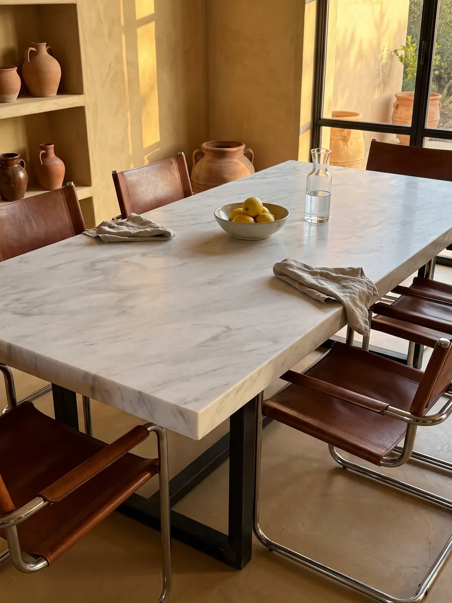 Dining table with a Blanco Bego marble top on a steel base: white with soft light gray veining