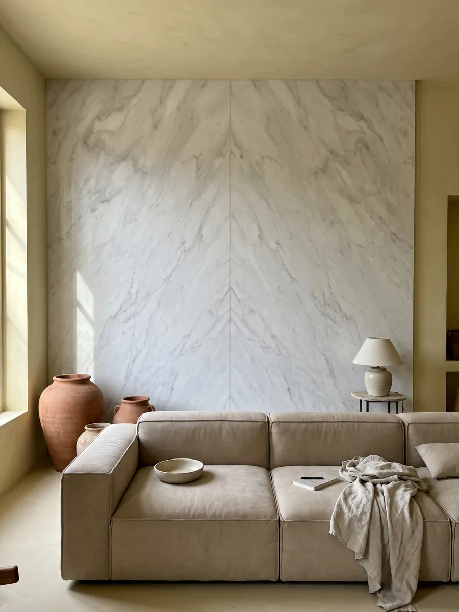 Living room wall clad in bookmatched Blanco Bego marble slabs behind a sofa: white with soft light gray veining