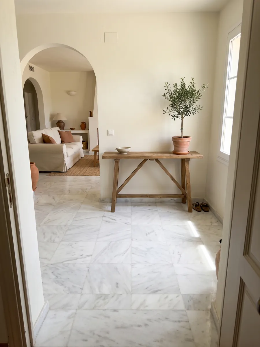 Entryway floor in large Blanco Bego marble slabs with natural light: white with soft light gray veining